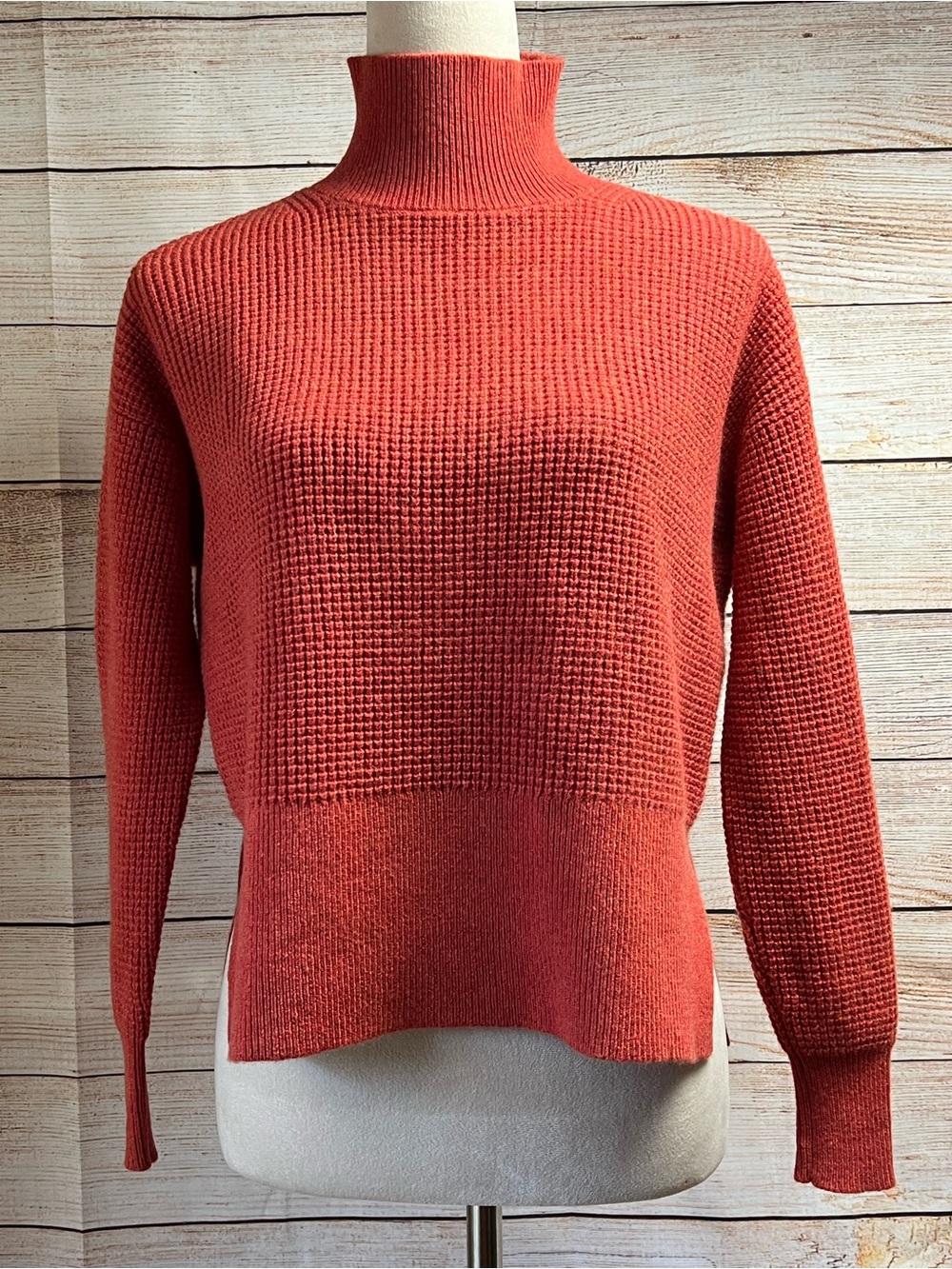 Everlane 100% Cashmere Square Waffle Knit Turtleneck Tunic Sweater Sz XS Rust